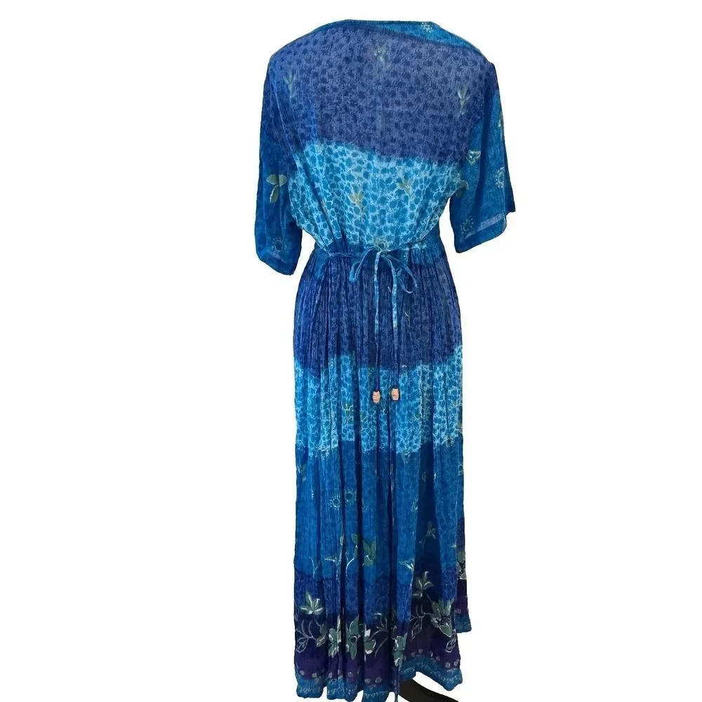 Vintage 1990s Jasmine KVM Maxi Dress Womens M Blue Batik Floral Button Front 90s
